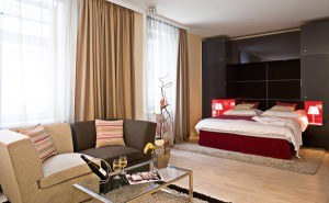 1 person deluxe suite with king bed, and private facilities
