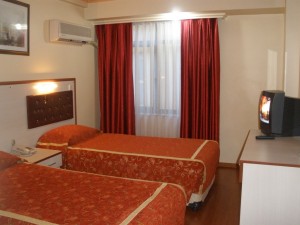 Standard double with city view, french bed, private facilities (bath and shower), and breakfast